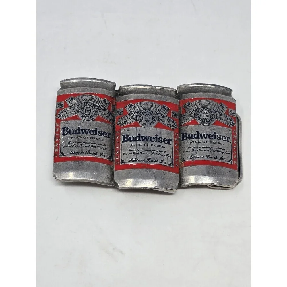 BUDWEISER ANHEUSER-BUSCH VINTAGE METAL BELT BUCKLE BEER CANS PEWTER RED MENS OS